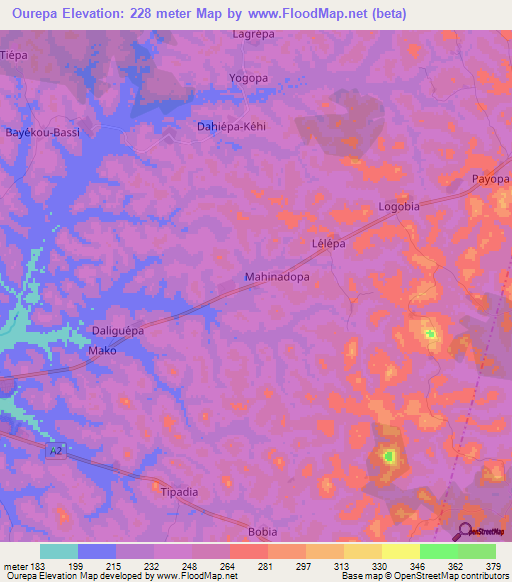 Ourepa,Ivory Coast Elevation Map