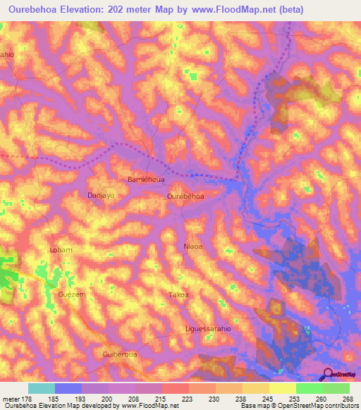 Ourebehoa,Ivory Coast Elevation Map