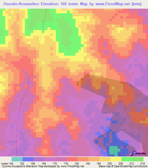 Ouonko-Kouassikro,Ivory Coast Elevation Map