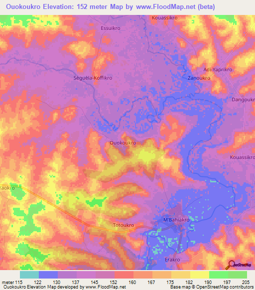 Ouokoukro,Ivory Coast Elevation Map