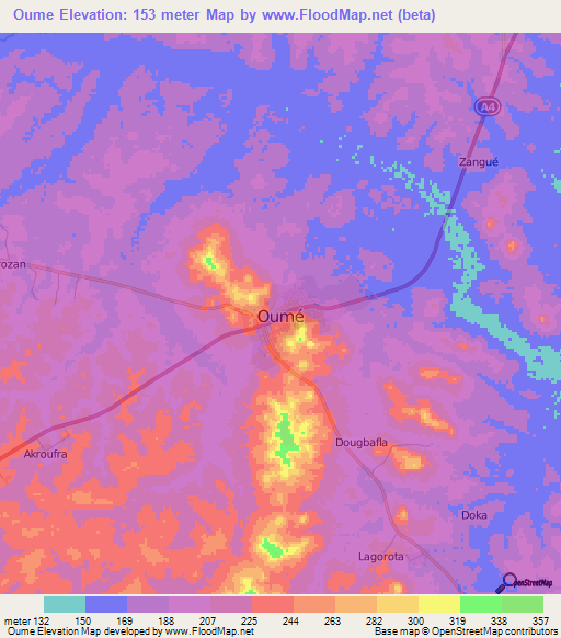 Oume,Ivory Coast Elevation Map
