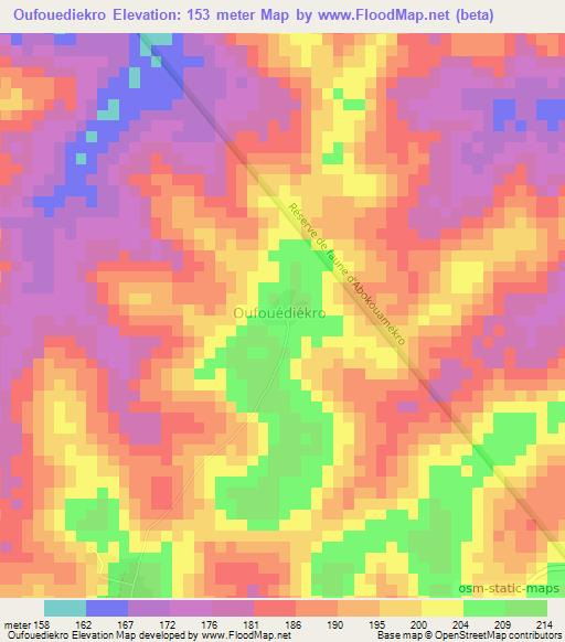 Oufouediekro,Ivory Coast Elevation Map