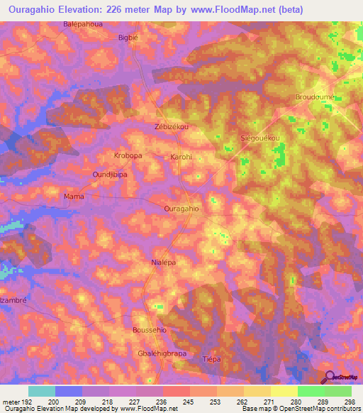 Ouragahio,Ivory Coast Elevation Map