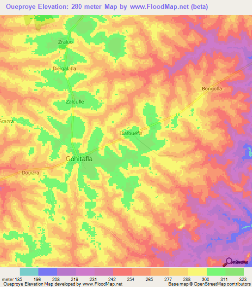 Oueproye,Ivory Coast Elevation Map