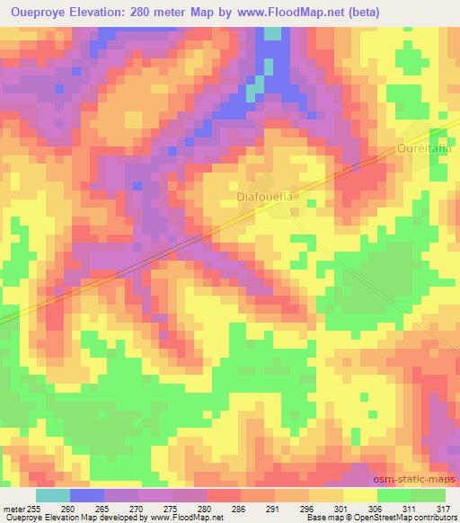 Oueproye,Ivory Coast Elevation Map