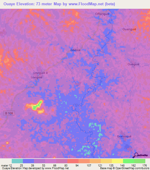 Ouaye,Ivory Coast Elevation Map