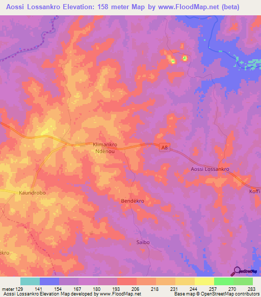 Aossi Lossankro,Ivory Coast Elevation Map