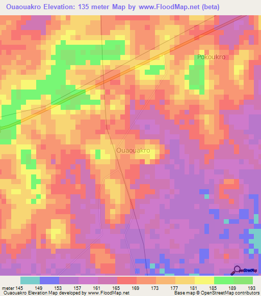 Ouaouakro,Ivory Coast Elevation Map