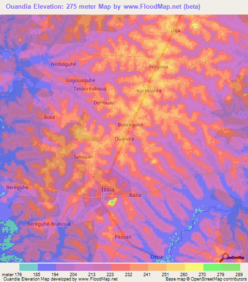 Ouandia,Ivory Coast Elevation Map
