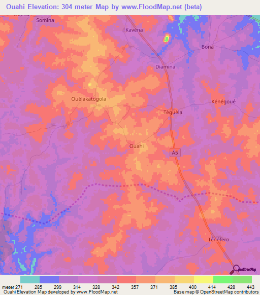 Ouahi,Ivory Coast Elevation Map