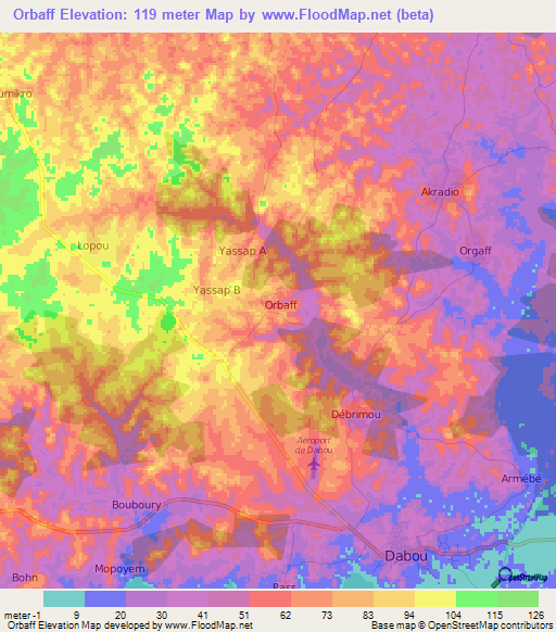 Orbaff,Ivory Coast Elevation Map