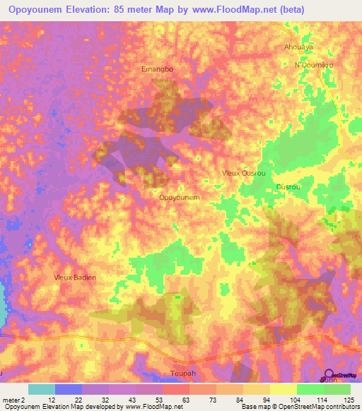 Opoyounem,Ivory Coast Elevation Map