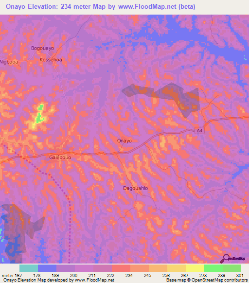 Onayo,Ivory Coast Elevation Map