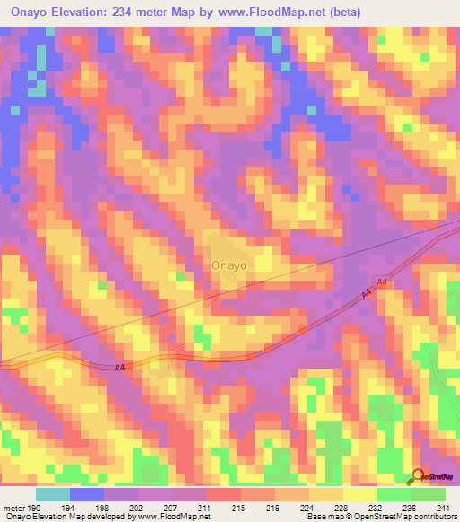 Onayo,Ivory Coast Elevation Map