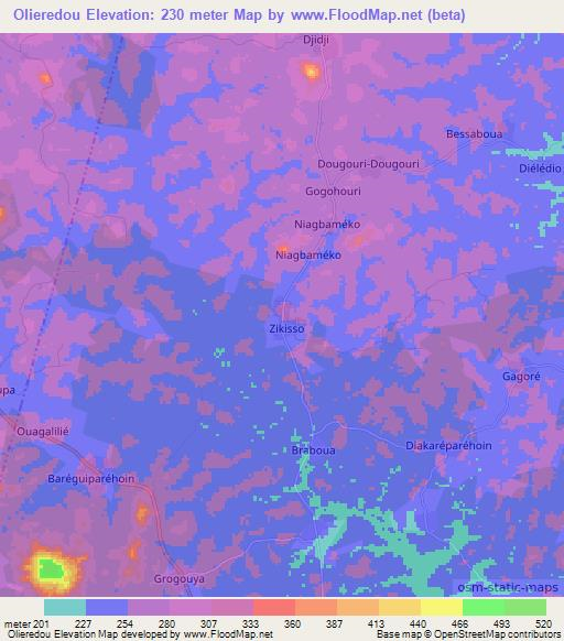 Olieredou,Ivory Coast Elevation Map