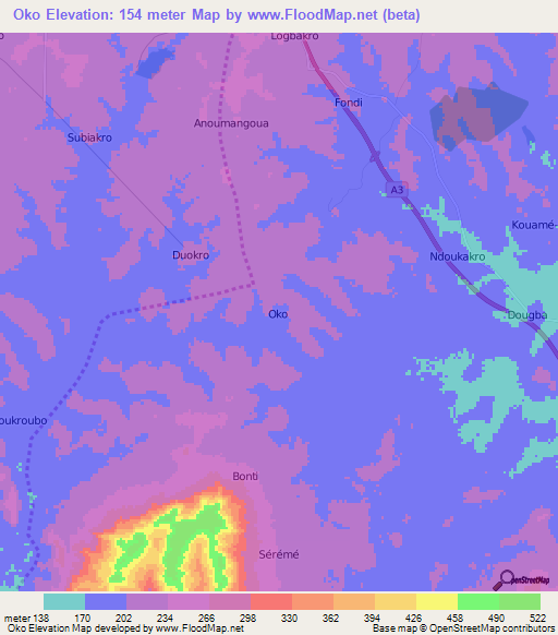 Oko,Ivory Coast Elevation Map