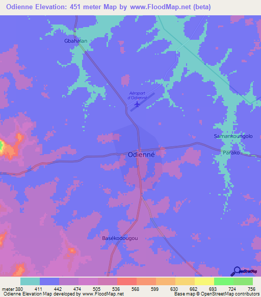 Odienne,Ivory Coast Elevation Map