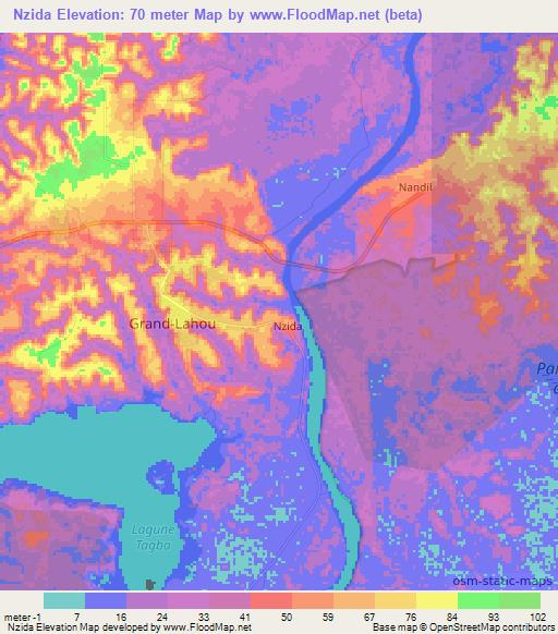 Nzida,Ivory Coast Elevation Map