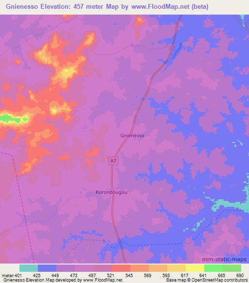 Gnienesso,Ivory Coast Elevation Map