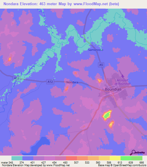 Nondara,Ivory Coast Elevation Map
