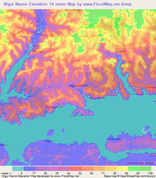 Nigui Nanon,Ivory Coast Elevation Map