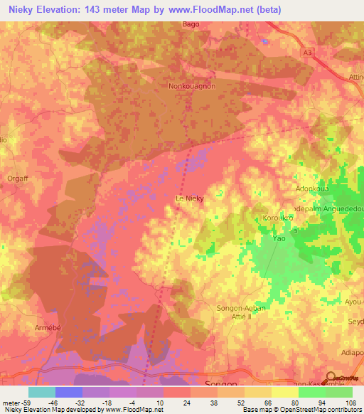 Nieky,Ivory Coast Elevation Map