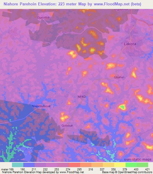 Niahore Parehoin,Ivory Coast Elevation Map