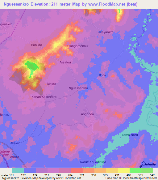 Nguessankro,Ivory Coast Elevation Map
