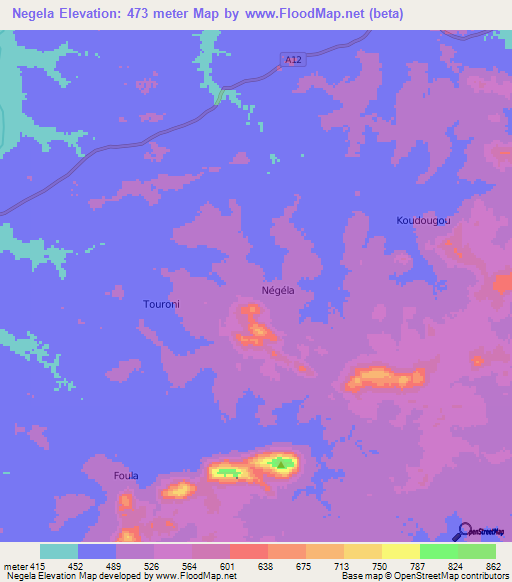 Negela,Ivory Coast Elevation Map