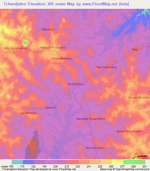 Tchendjekro,Ivory Coast Elevation Map