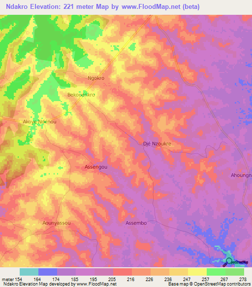 Ndakro,Ivory Coast Elevation Map