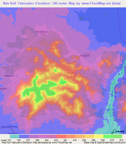 Nda Kofi Yabouekro,Ivory Coast Elevation Map
