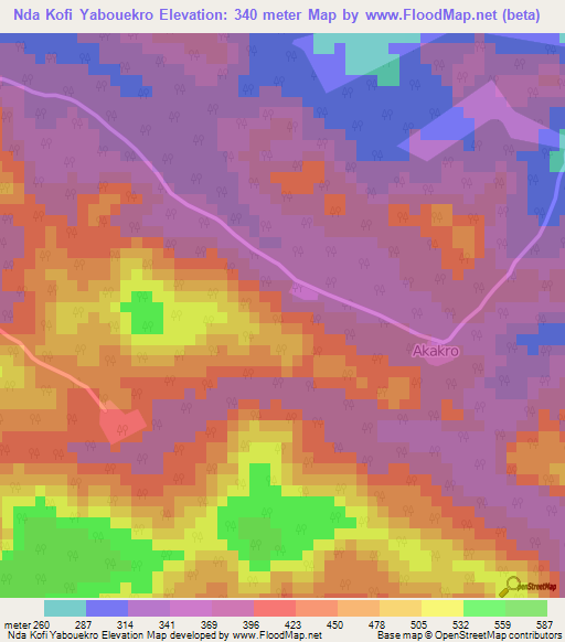 Nda Kofi Yabouekro,Ivory Coast Elevation Map