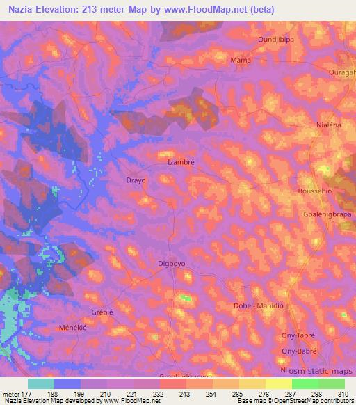 Nazia,Ivory Coast Elevation Map