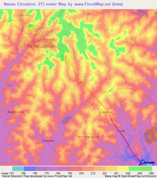 Nanan,Ivory Coast Elevation Map