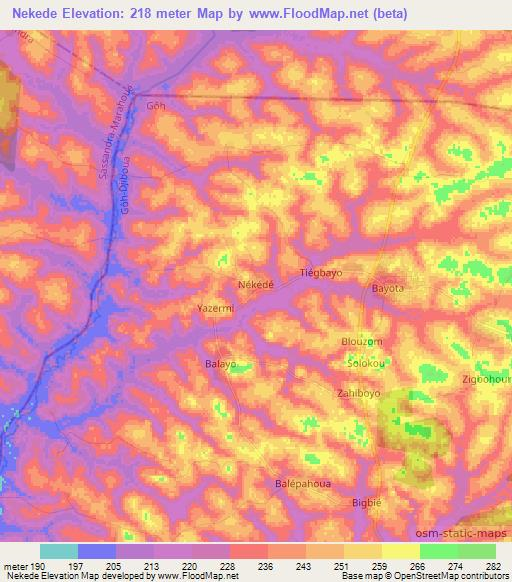 Nekede,Ivory Coast Elevation Map