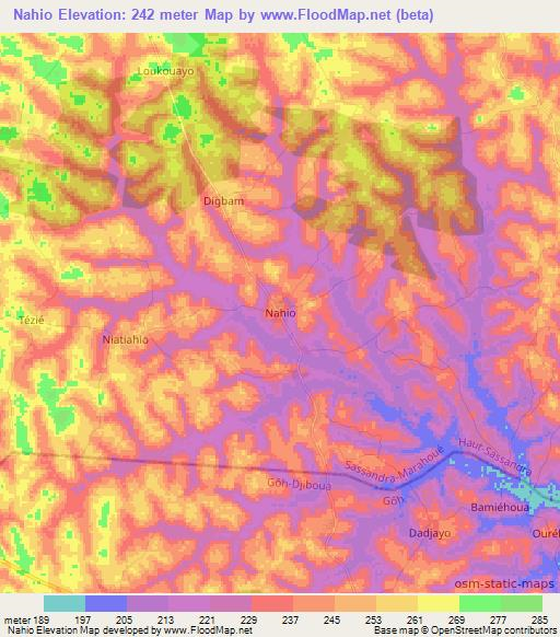 Nahio,Ivory Coast Elevation Map