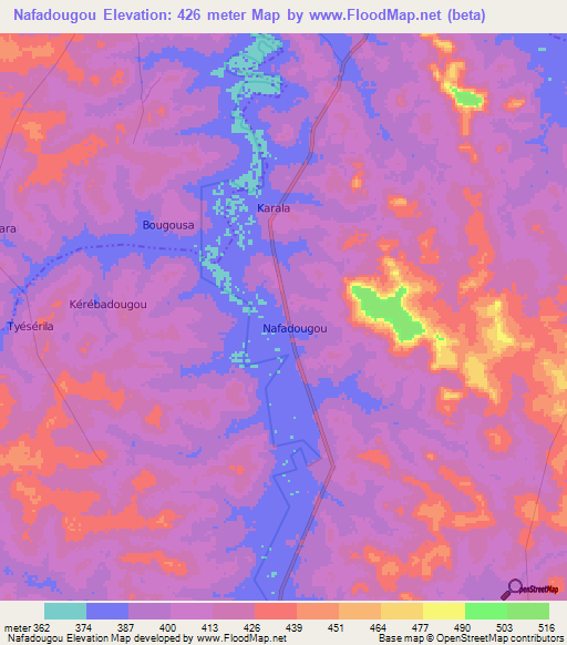 Nafadougou,Ivory Coast Elevation Map
