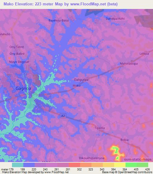 Mako,Ivory Coast Elevation Map