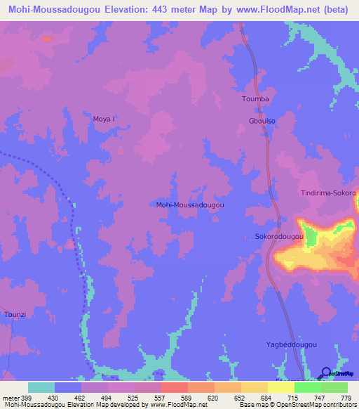 Mohi-Moussadougou,Ivory Coast Elevation Map