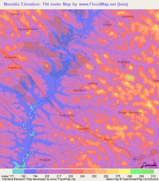 Menekie,Ivory Coast Elevation Map