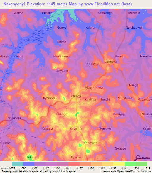 Nakanyonyi,Uganda Elevation Map