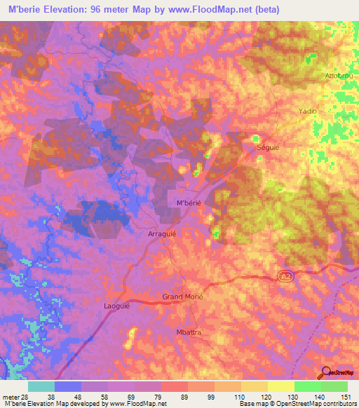 M'berie,Ivory Coast Elevation Map