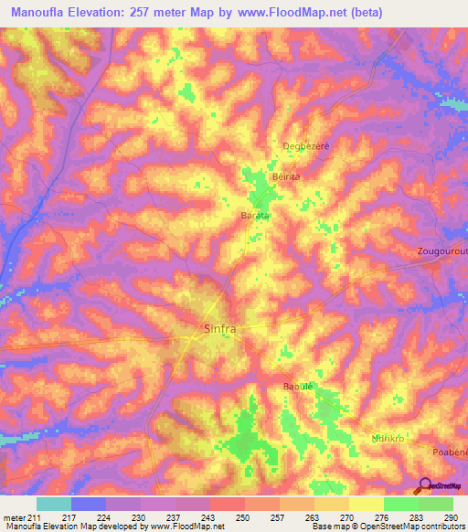 Manoufla,Ivory Coast Elevation Map
