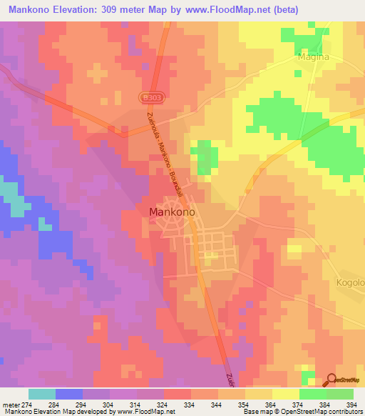 Mankono,Ivory Coast Elevation Map