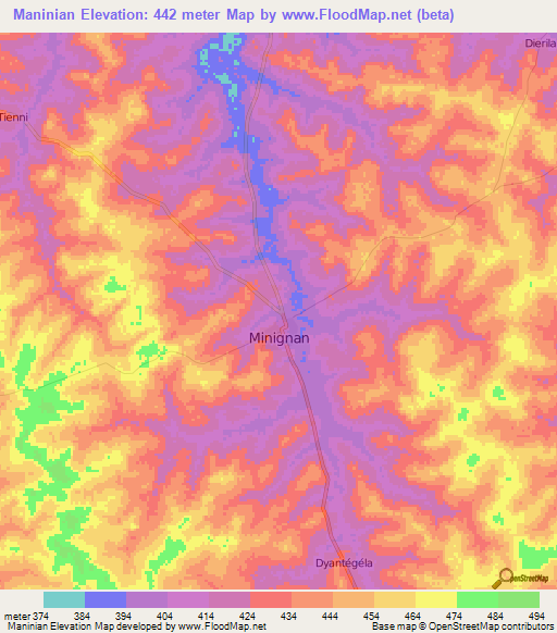 Maninian,Ivory Coast Elevation Map