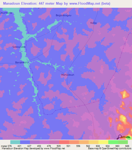 Manadoun,Ivory Coast Elevation Map