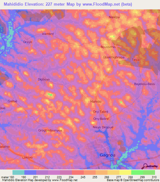 Mahididio,Ivory Coast Elevation Map