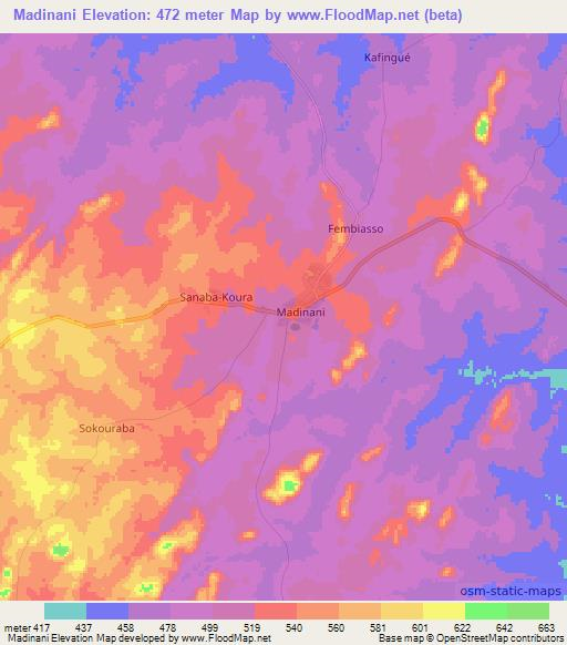Madinani,Ivory Coast Elevation Map