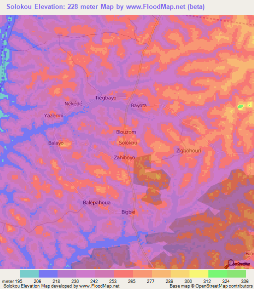 Solokou,Ivory Coast Elevation Map